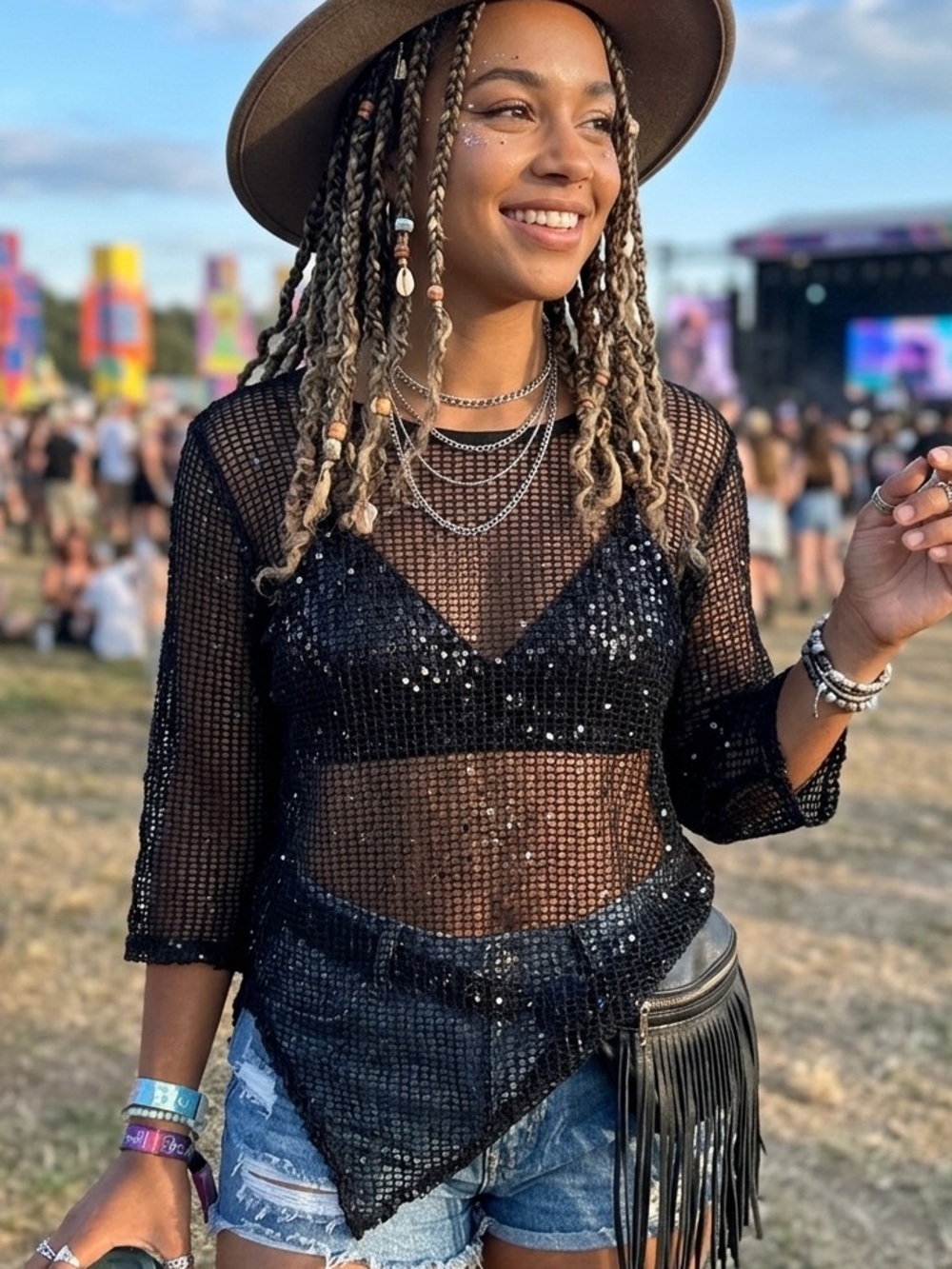 Black Sequin Sheer Crochet Festival Top Asymmetrical Whimsigoth Boho Cowgirl